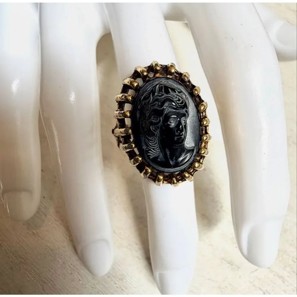 Vintage Black Cameo Adjustable Statement Ring